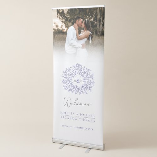 Circle of leaves blue purple wedding photo heart retractable banner