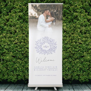 Circle of leaves blue purple wedding photo heart retractable banner