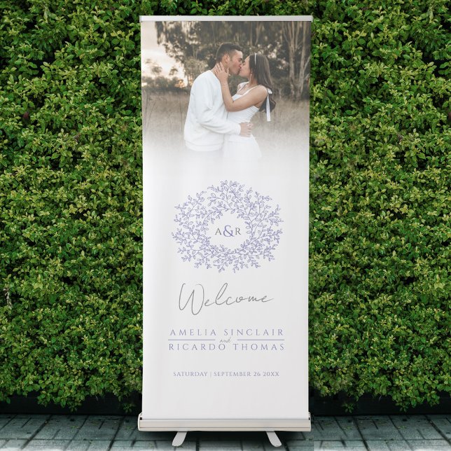 Circle of leaves blue purple wedding photo heart retractable banner (Creator Uploaded)