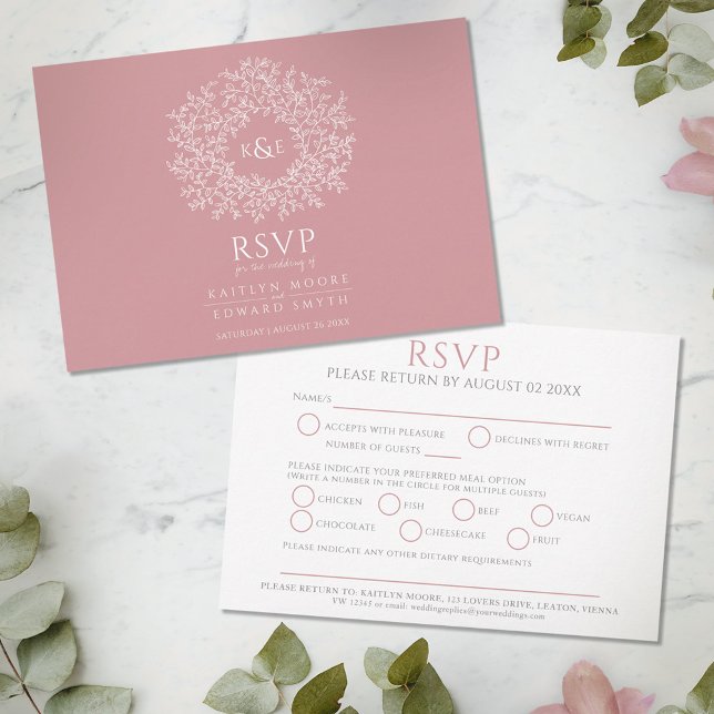 Circle of leaves blush pink white meal wedding RSVP card (Creator Uploaded)