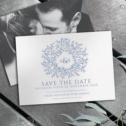 Circle of leaves classic blue white photo wedding save the date