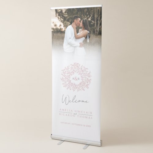 Circle of leaves dusty pink wedding photo heart retractable banner