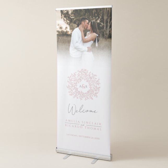 Circle of leaves dusty pink wedding photo heart retractable banner (3/4)