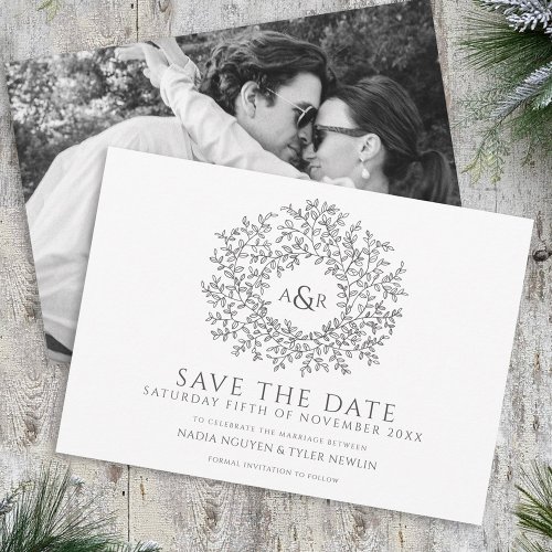 Circle of leaves gray white photo wedding save the date