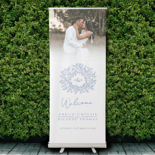 Circle of leaves mid blue wedding photo heart retractable banner