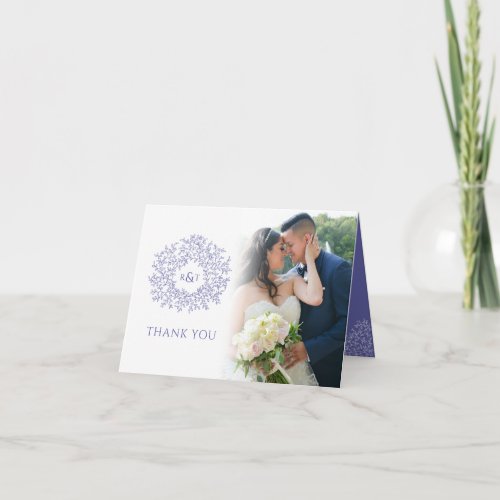 Circle of leaves monogram blue wedding photos thank you card