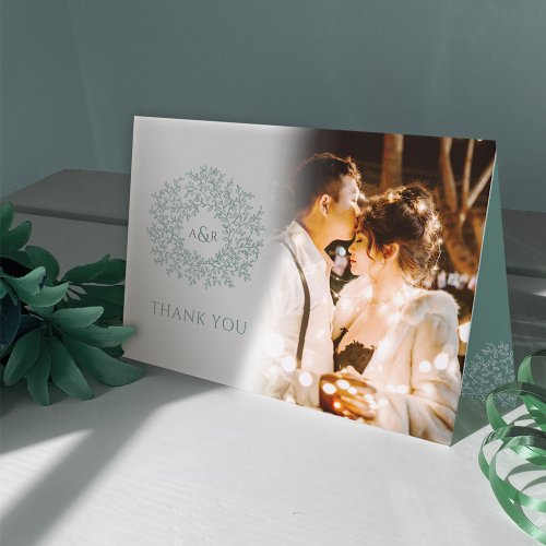 Circle of leaves monogram green wedding photos thank you card