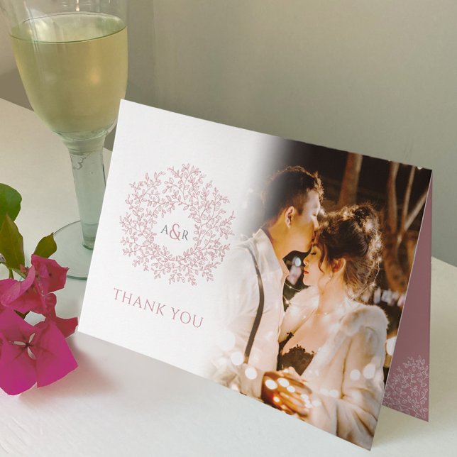 Circle of leaves monogram pink wedding photos thank you card (Creator Uploaded)