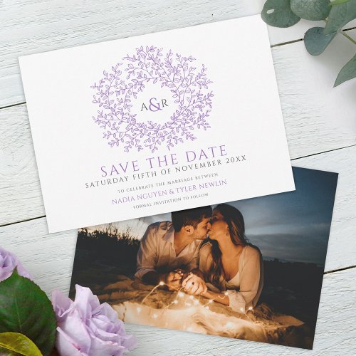 Circle of leaves purple gray white photo wedding save the date
