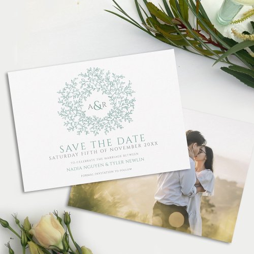 Circle of leaves sage green photo wedding save the date