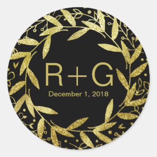 Circle of Leaves Wreath Gold Glitter black Classic Round Sticker