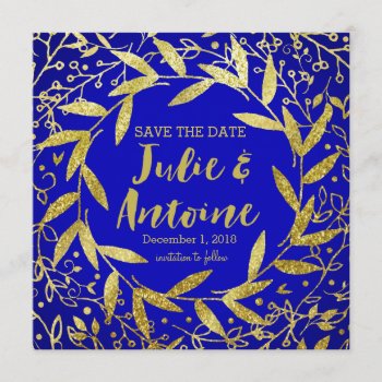 Circle Of Leaves Wreath Gold Glitter | Cobalt Save The Date by glamprettyweddings at Zazzle