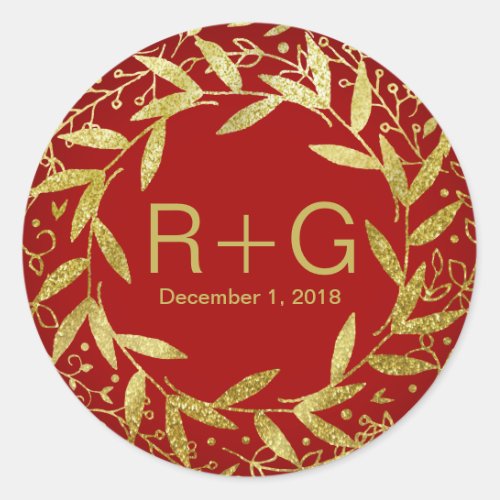 Circle of Leaves Wreath Gold Glitter  red Classic Round Sticker