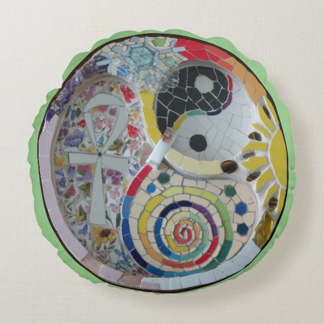 Circle of Life Mosaic Yoga Round Pillow (Front)