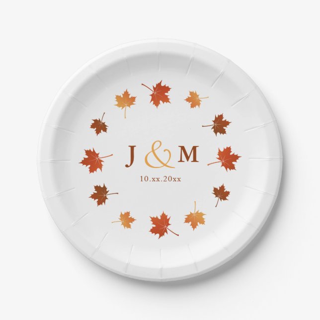 circle of maple leaves rustic fall wedding paper plates (Front)