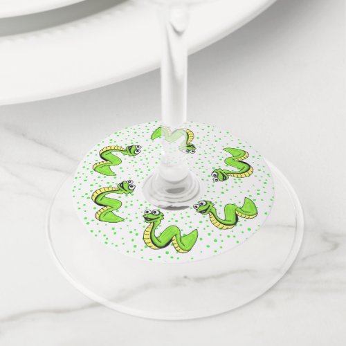 Circle of Neon Green Smiling Snakes on Polka Dots Wine Glass Tag