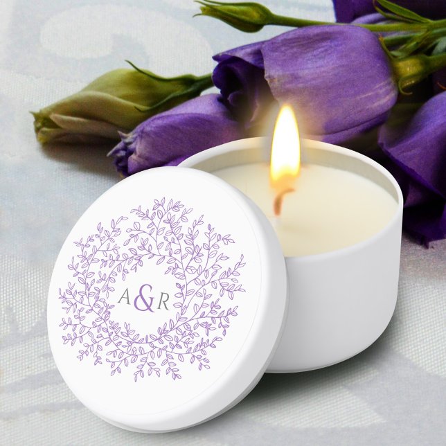 Circle of purple art leaves monogram wedding mini candle favors (Creator Uploaded)