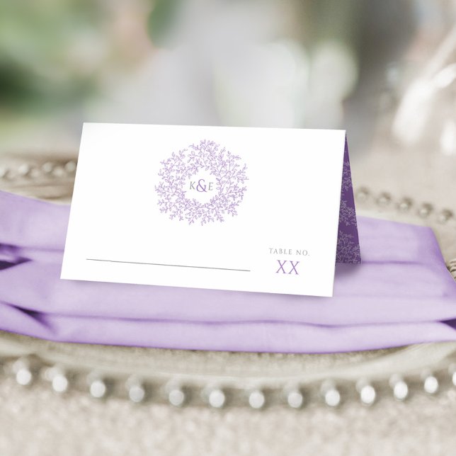 Circle of purple leaves drawing monogram wedding place card (Creator Uploaded)