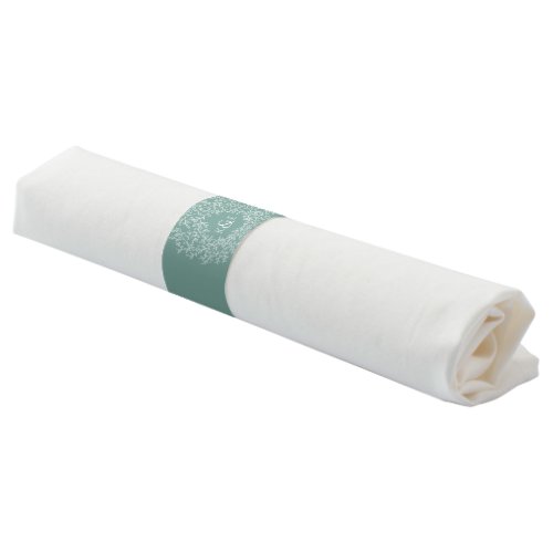 Circle of white art leaves wedding green monogram napkin bands