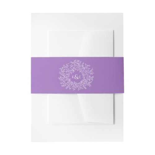 Circle of white art leaves wedding purple monogram invitation belly band