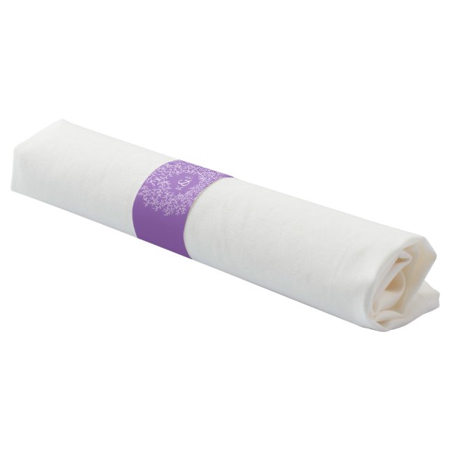 Circle of white art leaves wedding purple monogram napkin bands (Angled)