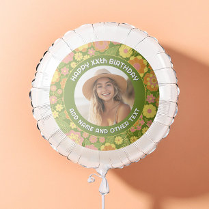 Circle One Photo - Birthday Greeting Retro Flowers Balloon