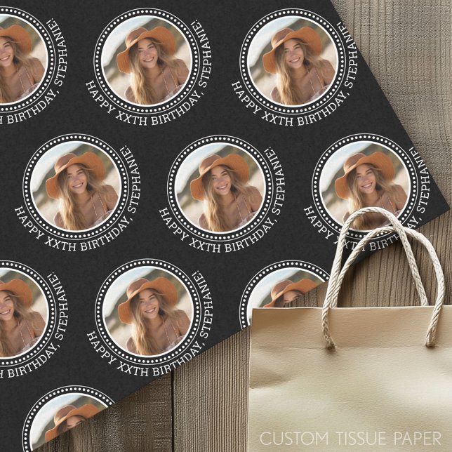 Circle One Photo Happy Birthday Greeting - Black Tissue Paper (Custom Photo Tissue Paper)