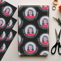 Circle One Photo Happy Birthday Greeting - Black Wrapping Paper Sheets