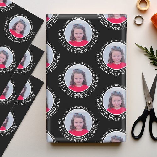 Circle One Photo Happy Birthday Greeting _ Black Wrapping Paper Sheets