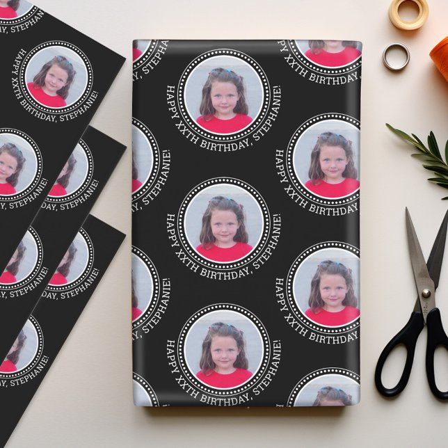 Circle One Photo Happy Birthday Greeting - Black Wrapping Paper Sheets (Personalized Wrapping Paper - add photos to this festive holiday design)