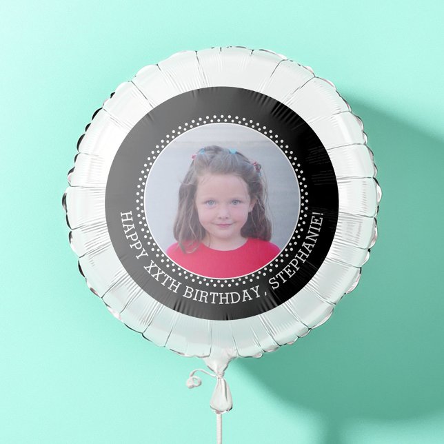 Circle One Photo with Birthday Greeting - Black Balloon (Custom Birthday Party Balloon with Photo)
