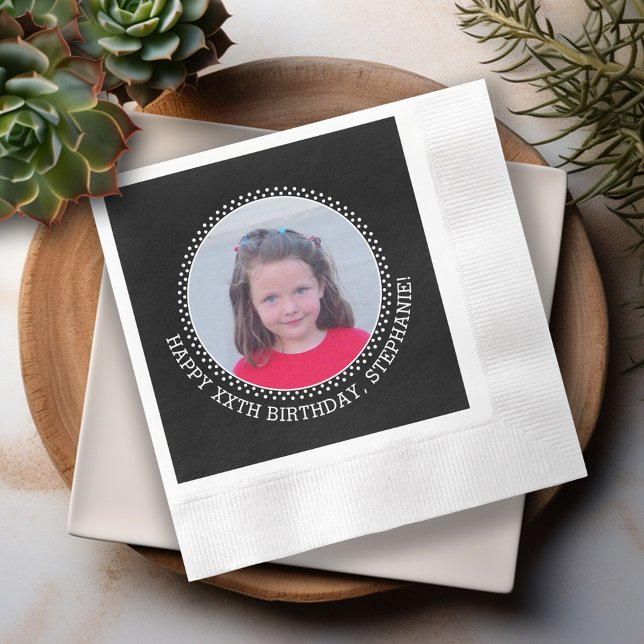 Circle One Photo with Birthday Greeting - Black Napkins (Cute photo - personalized birthday napkins)