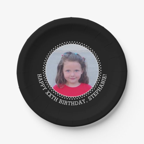 Circle One Photo with Birthday Greeting _ Black Paper Plates