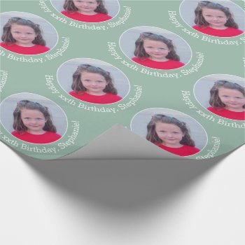Circle One Photo With Birthday Greeting - Mint Wrapping Paper by MarshBaby at Zazzle