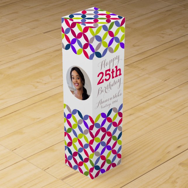 Circle pattern photo name 25th birthday wine box (Front)