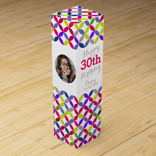 Circle pattern photo name 30th birthday wine box (Front)