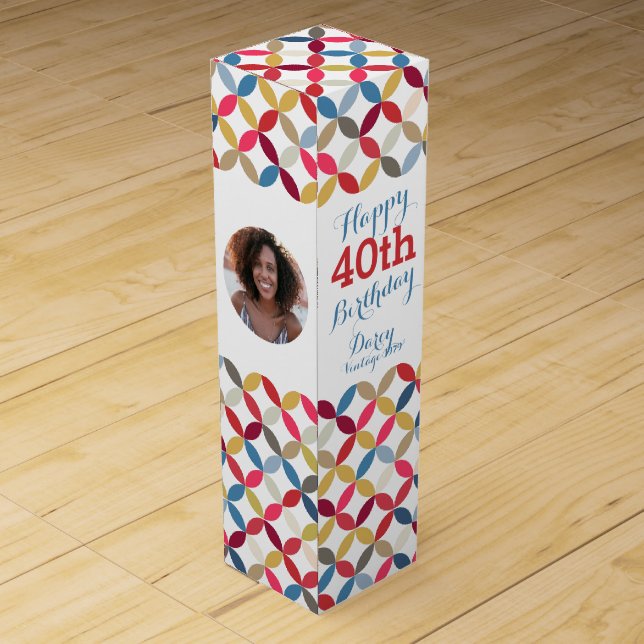 Circle pattern photo name 40th birthday wine box (Back)