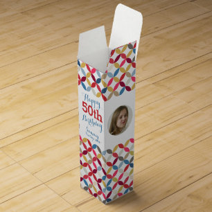 Circle pattern photo name 50th birthday wine box