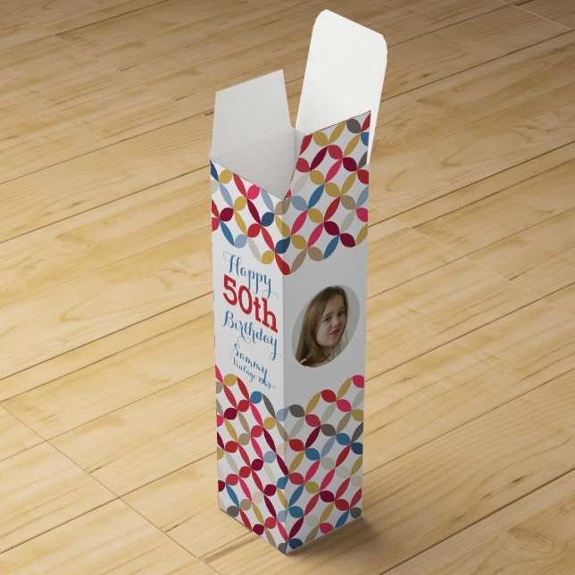 Circle pattern photo name 50th birthday wine box (Opened)