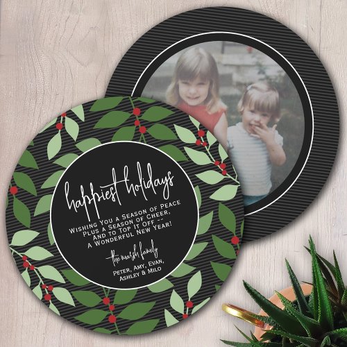 Circle Photo Back _ Black Green Botanical Happiest Holiday Card