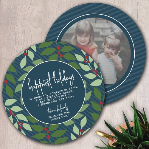 Circle Photo Back _ Blue Green Botanical Happiest Holiday Card