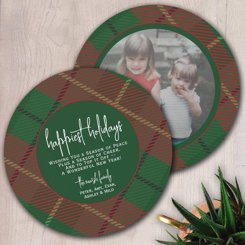 Circle Photo Back _ Red Green Plaid _ Happiest Hol Holiday Card