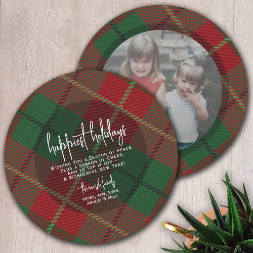 Circle Photo Back _ Red Green Plaid _ Happiest Holiday Card