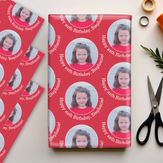 Circle Photo with Birthday Greeting Red Background Wrapping Paper Sheets