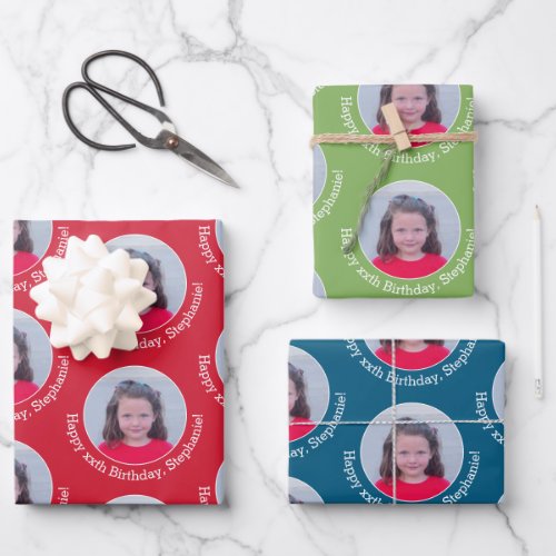 Circle Photo with Birthday Greeting Red Blue Green Wrapping Paper Sheets