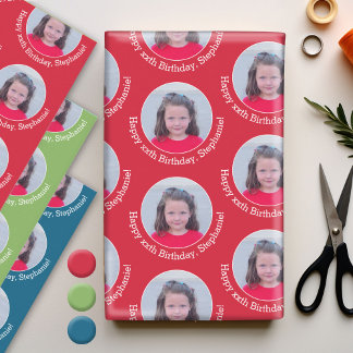 Circle Photo with Birthday Greeting Red Blue Green Wrapping Paper Sheets
