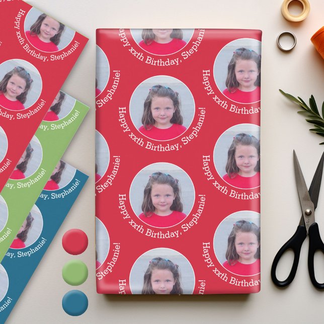 Circle Photo with Birthday Greeting Red Blue Green Wrapping Paper Sheets (Custom Photo Wrapping Paper)