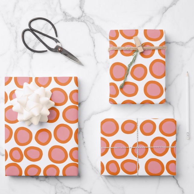  Circle Polka Dot Print Pattern Orange and Pink Wrapping Paper Sheets (Front)