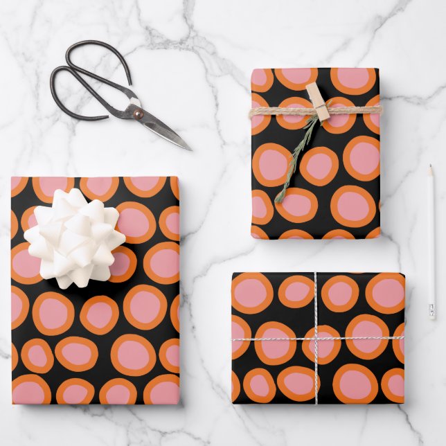  Circle Polka Dot Print Pattern Orange and Pink Wrapping Paper Sheets (Front)