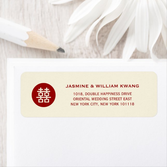 Circle Red Double Happiness Modern Chinese Wedding Label (Insitu)